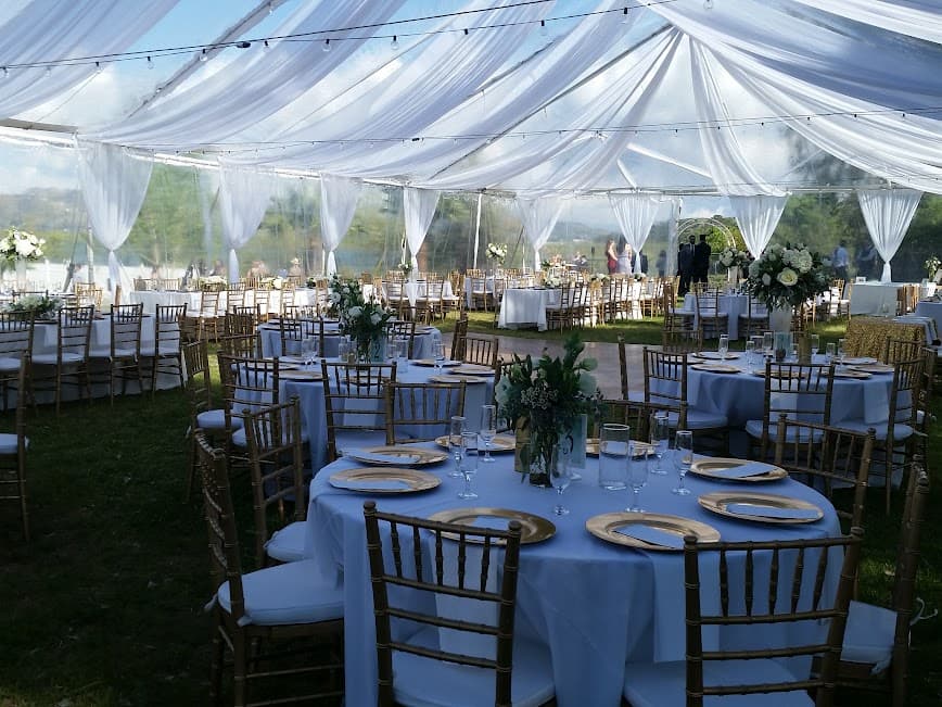 Draped clear-top wedding tent
